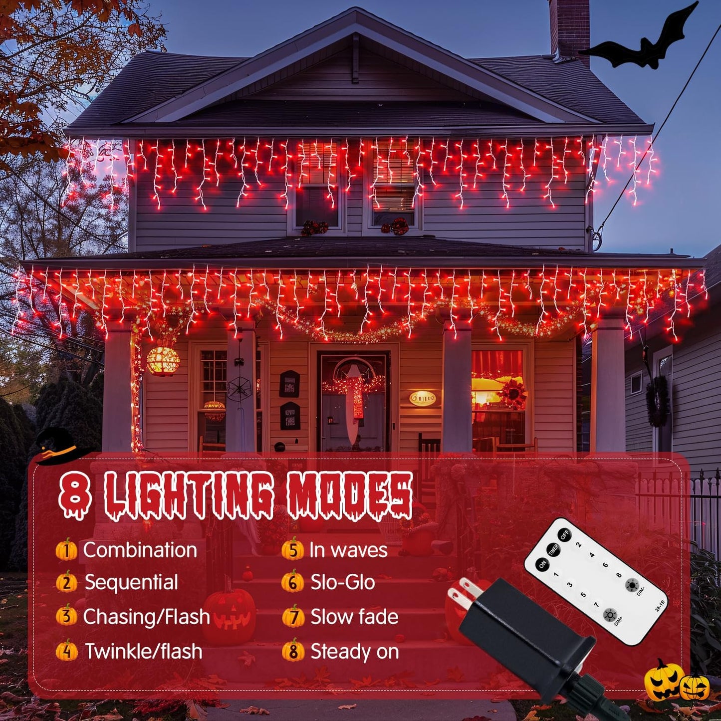 JMEXSUSS 400 LED Red Icicle Lights for Halloween Decor, Connectable Red Halloween Lights Indoor