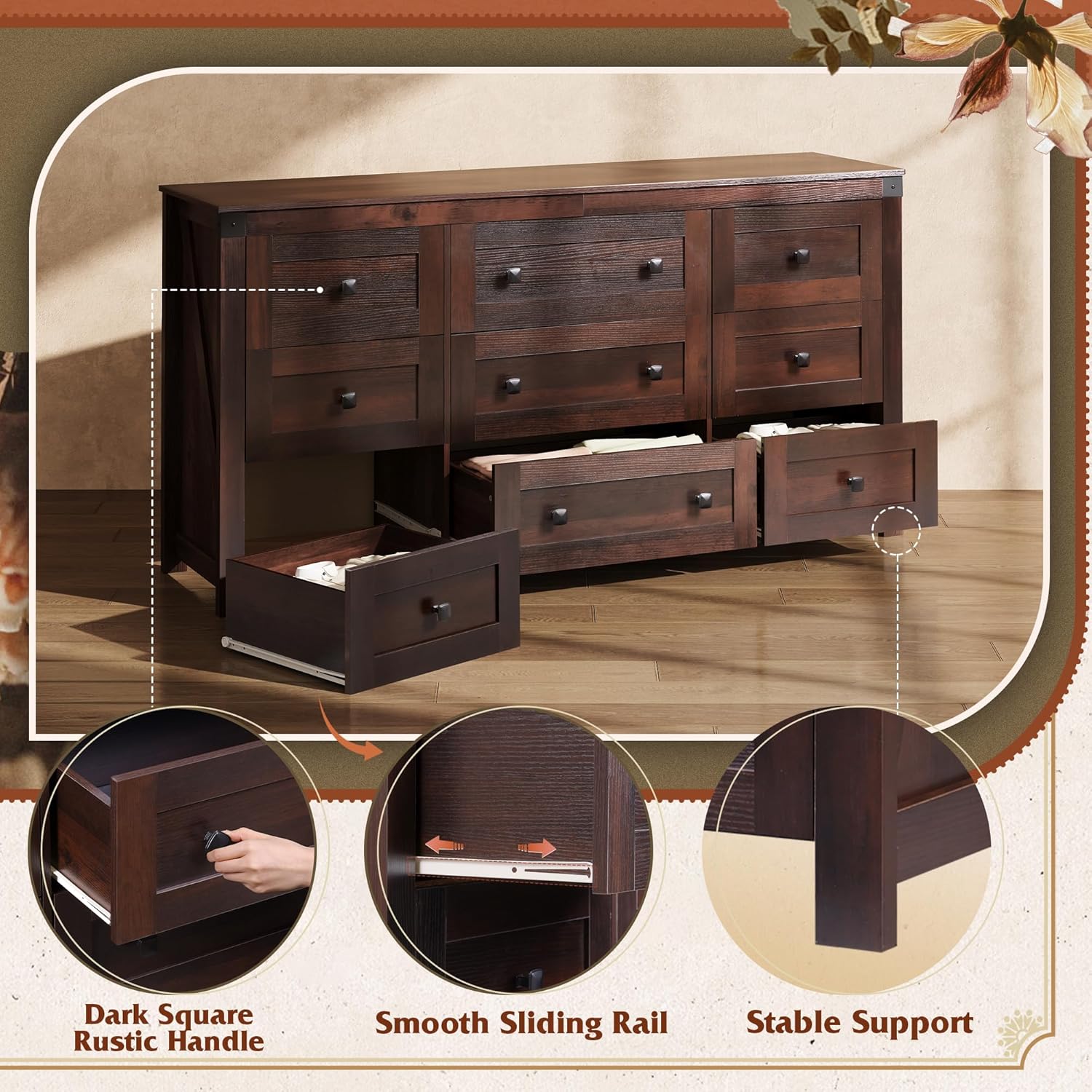 WLIVE Farmhouse Dresser for Bedroom, 63" Wide 9 Drawer Dresser Storage Organizer, Wood Chest of