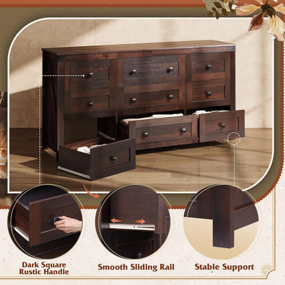 WLIVE Farmhouse Dresser for Bedroom, 63" Wide 9 Drawer Dresser Storage Organizer, Wood Chest of