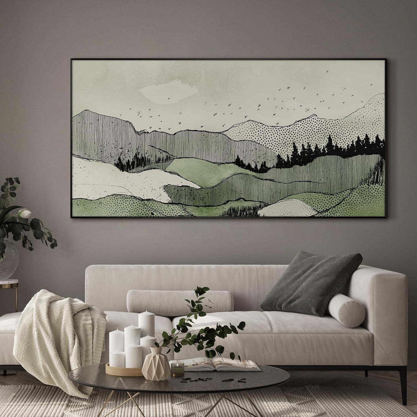 SIGNWIN 36"x72" Extra Large Framed Wall Art Green Line Art Mountain Landscape Illustration for Home