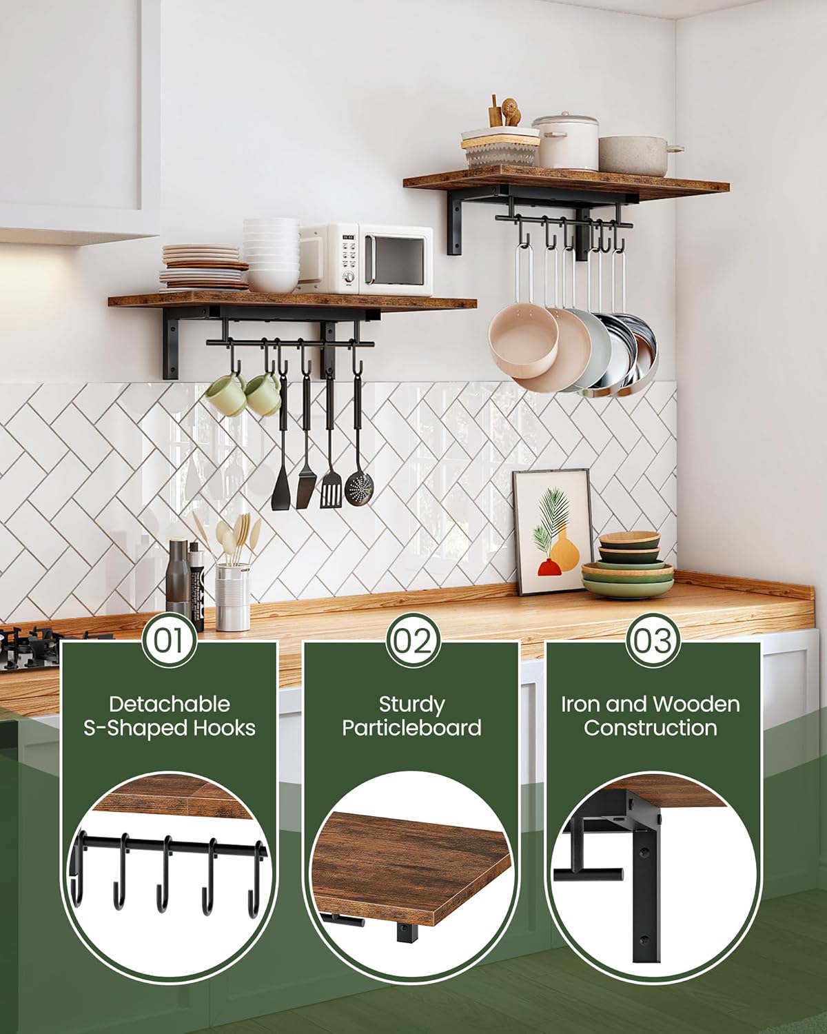 Wall-Mounted Pot Racks, Set of 2 Hanging Pot Rack, Floating Shelves, Wall Shelves, Vintage Pot