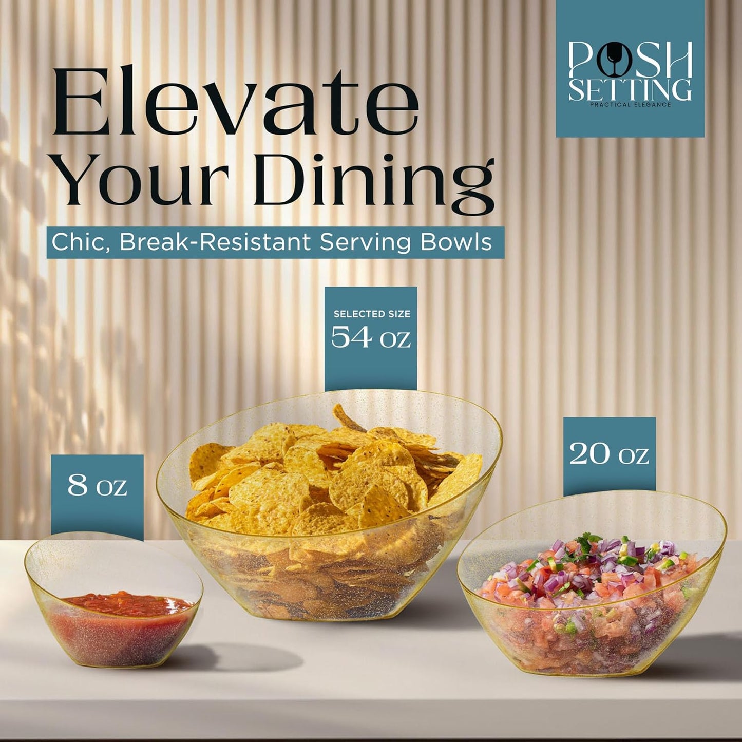 Posh Setting - Gold Plastic Serving Bowls for Party - Angled, Disposable, Chip & Candy Bowls - 54
