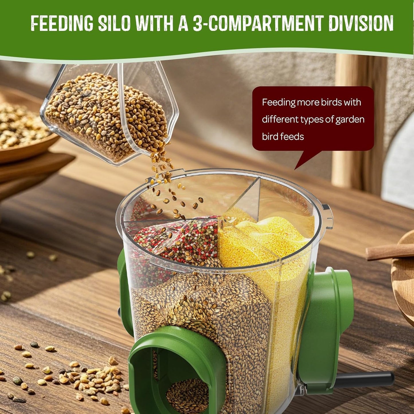 LONA Bird Feeders for Outdoors Hanging – 3 Separate Compartments, 3 Feeding Ports, Weatherproof
