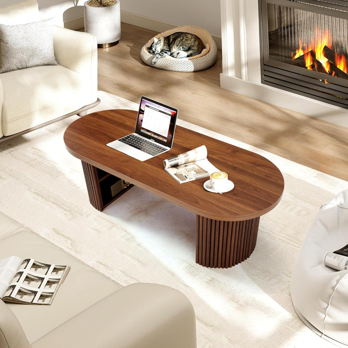 Oval Fluted Coffee Table, 47" Farmhouse Wood Coffee Table Mid Century Modern Center Table Boho