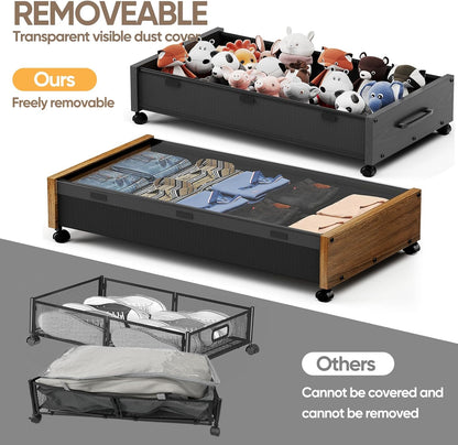 Wooden Under Bed Storage with Wheels, 80L Extra-large Rolling Under the Bed Storage Bins 2 Pack