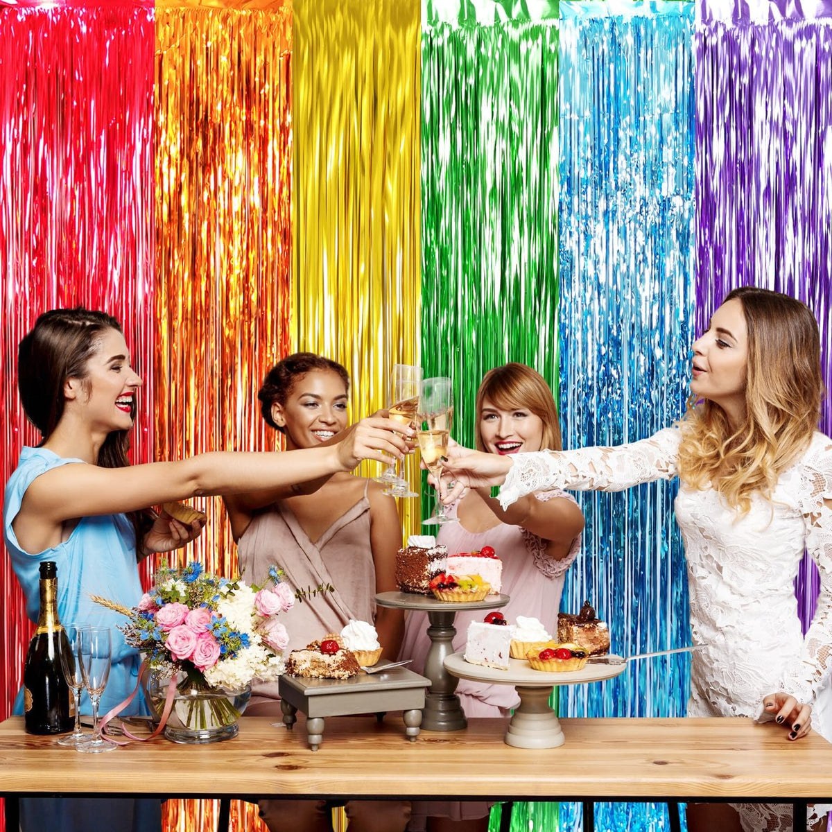 GOER 3.2 ft x 8.2 ft Metallic Tinsel Foil Fringe Curtains Party Photo Backdrop Party Streamers for