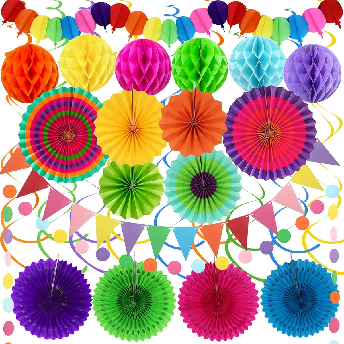 Fiesta Party Decorations - Easy to Assemble Multicolored Paper Fan Honeycomb Ball Garland Hanging