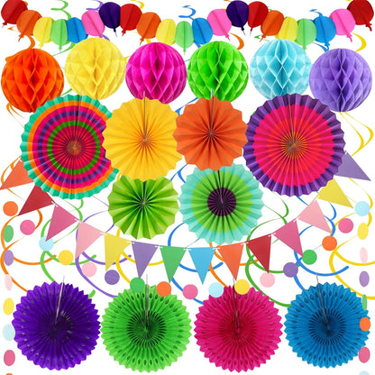 Fiesta Party Decorations - Easy to Assemble Multicolored Paper Fan Honeycomb Ball Garland Hanging