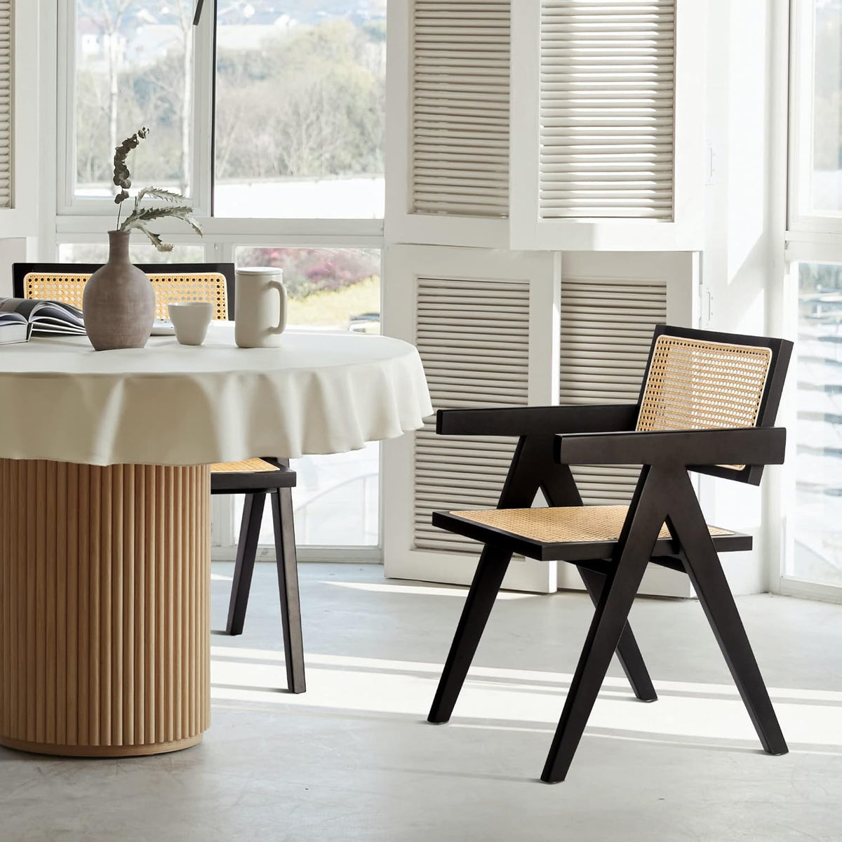 Cane Dining Chairs Set of 4, Rattan Kitchen Chairs Black for Dining Room with Armrest