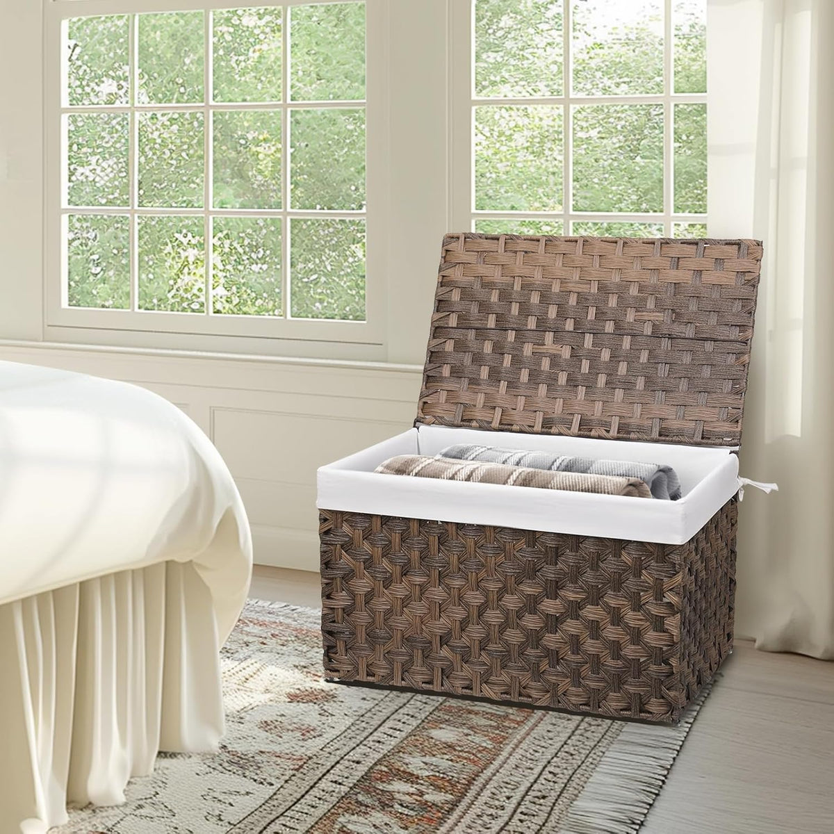 Wicker Storage Basket with Lid, 42.3 Gallon (160L) Large Blanket Basket with Lid, Woven Storage Bin