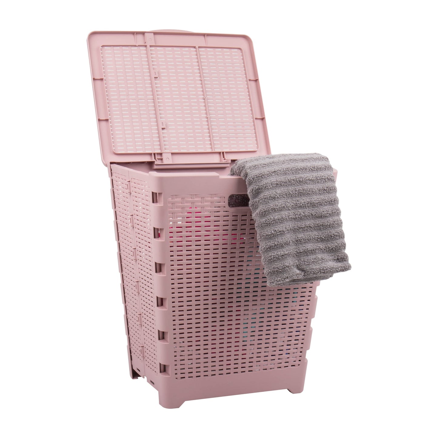 Mind Reader 61L Foldable Laundry Hamper, Clothes Basket, Lid, Wicker Design, Plastic, 18"L x 14.5"W