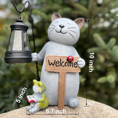 Cat Garden Statue with Solar Lantern: Cat Outdoor Figurine Decorations -Solar Garden Statue Decor