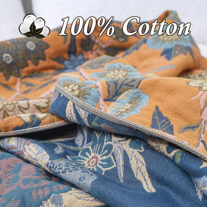 Snycler Boho Throw Blanket for Bed - 100% Cotton Ultra Soft Rustic Quilt Blanket Orange Bird Floral