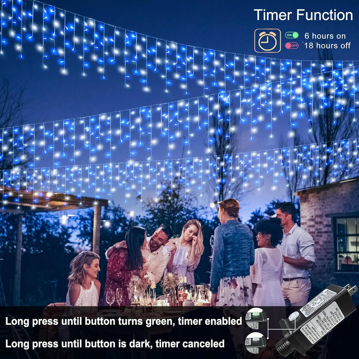 33ft Blue and White Christmas Lights, 400 LED Icicle Lights for Outside, Clear Wire Connectable