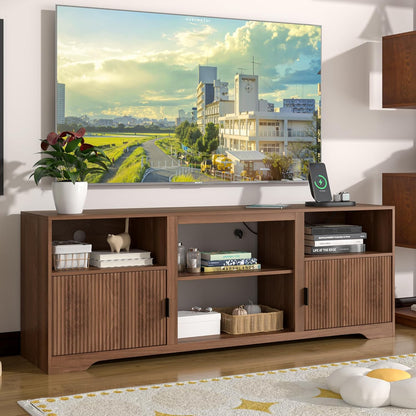 Fluted TV Stand for Tvs up to 80",Mid Century Modern TV Stand with Open Adjustable