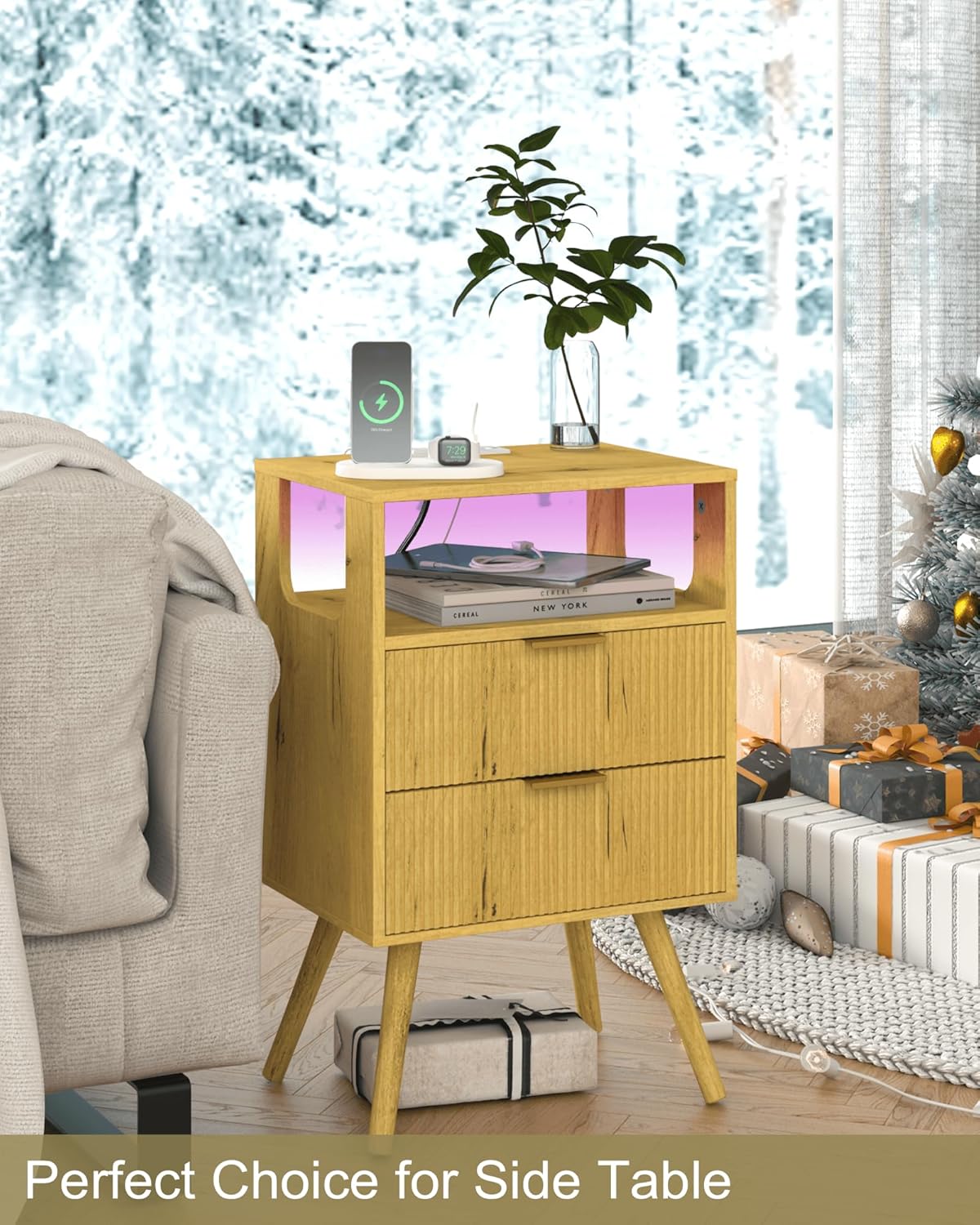 Nightstand with Charging Station and LED Lights,Modern Bedside Table with 2 Storage Drawer and Open