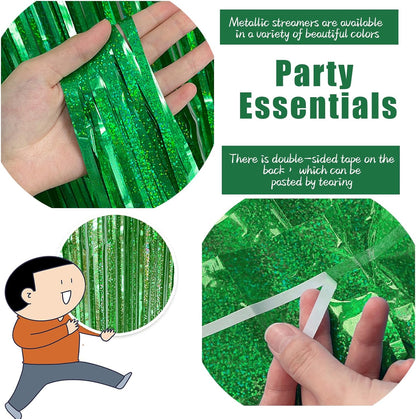 3 Pack Green Streamers Backdrop Jungle Party Decorations Foil Fringe Backdrop Curtains Photo Booth