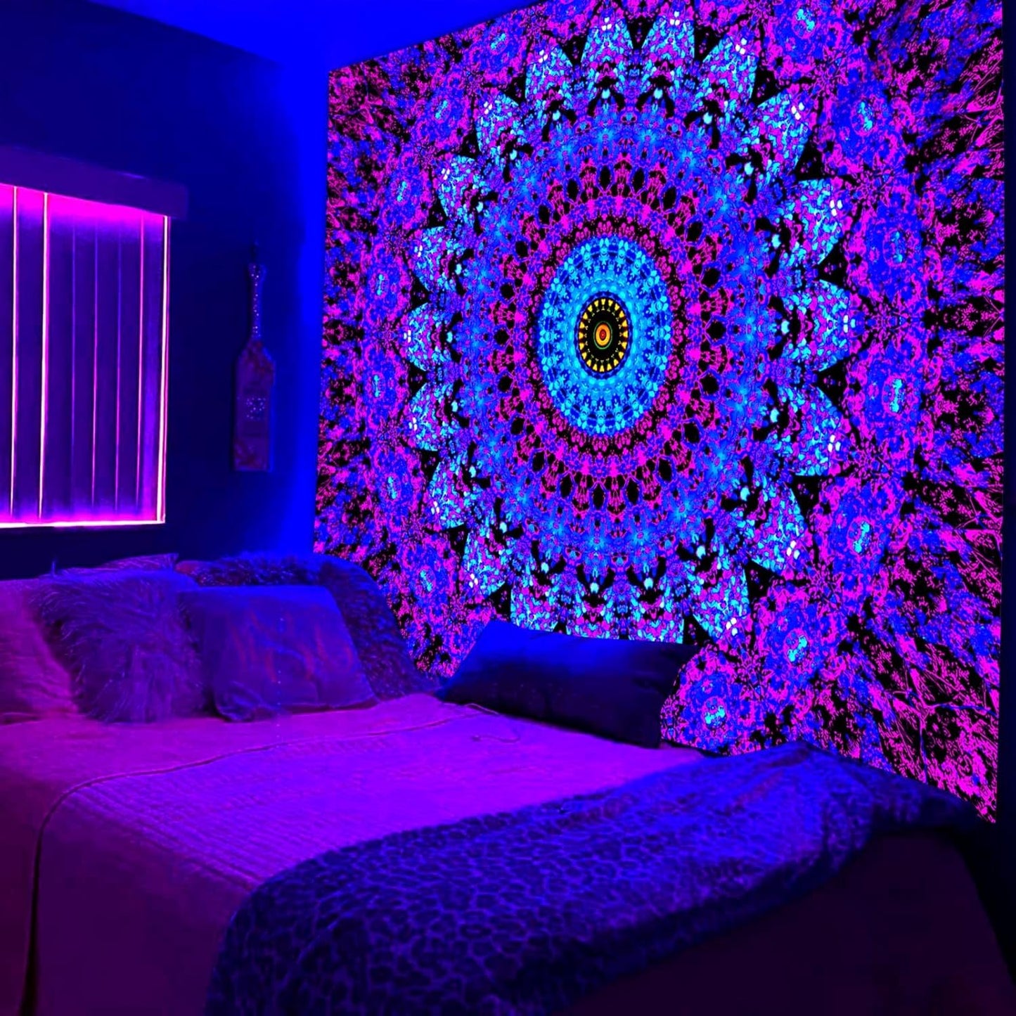 Blacklight Mandala Boho Tapestry, Black Light Bohemian Hippie Poster for Adults and Teens, UV