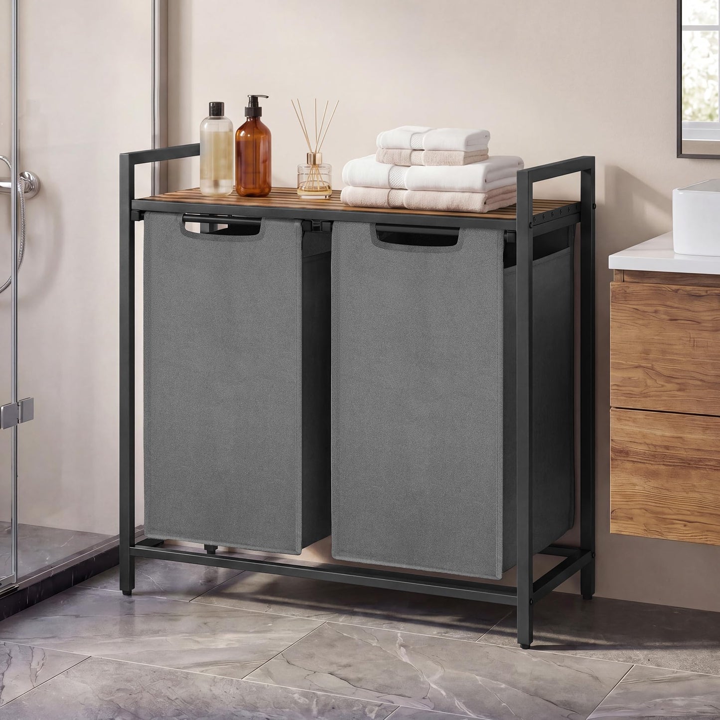 SONGMICS HOME Laundry Basket Sorter with Storage Shelf, Laundry Hamper with Metal Frame, 2 x 12.1