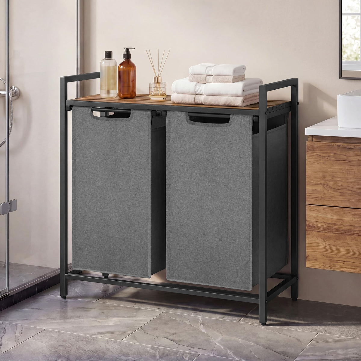 SONGMICS HOME Laundry Basket Sorter with Storage Shelf, Laundry Hamper with Metal Frame, 2 x 12.1