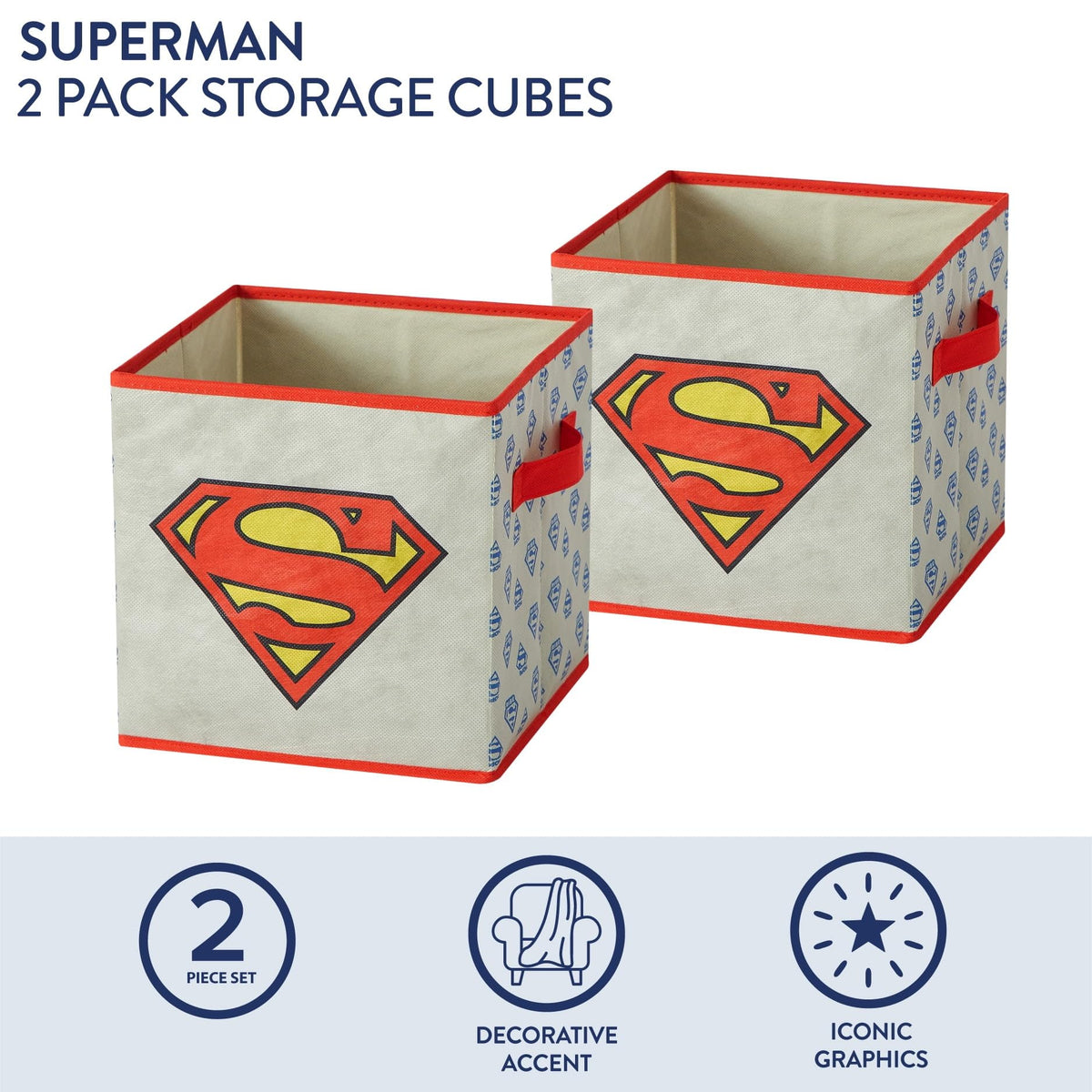 Superman Kids Storage Cubes, 2 Pack Foldable Fabric Bins with Handles, Collapsible Organizer Boxes