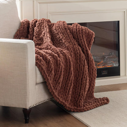 Chunky Knit Blanket Throw, 100% Hand Knit Throw Blanket Handmade Chenille Cable Knit Throw for