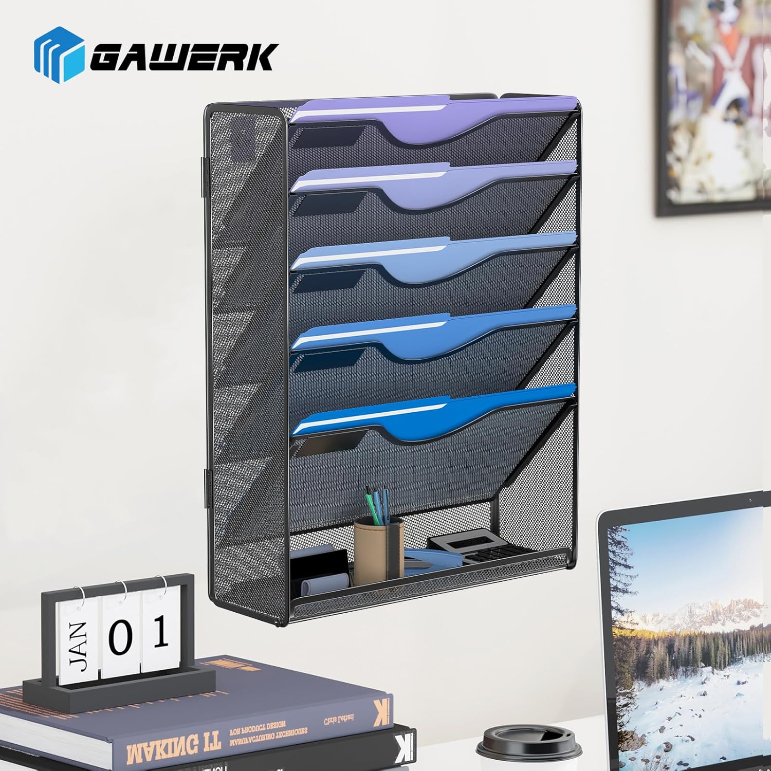 6 Tier Hanging File Organizer, Mesh Wall File Holder Paper Folder Rack with Bottom Flat Tray for