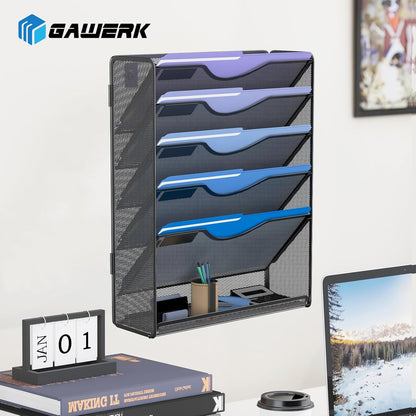 6 Tier Hanging File Organizer, Mesh Wall File Holder Paper Folder Rack with Bottom Flat Tray for