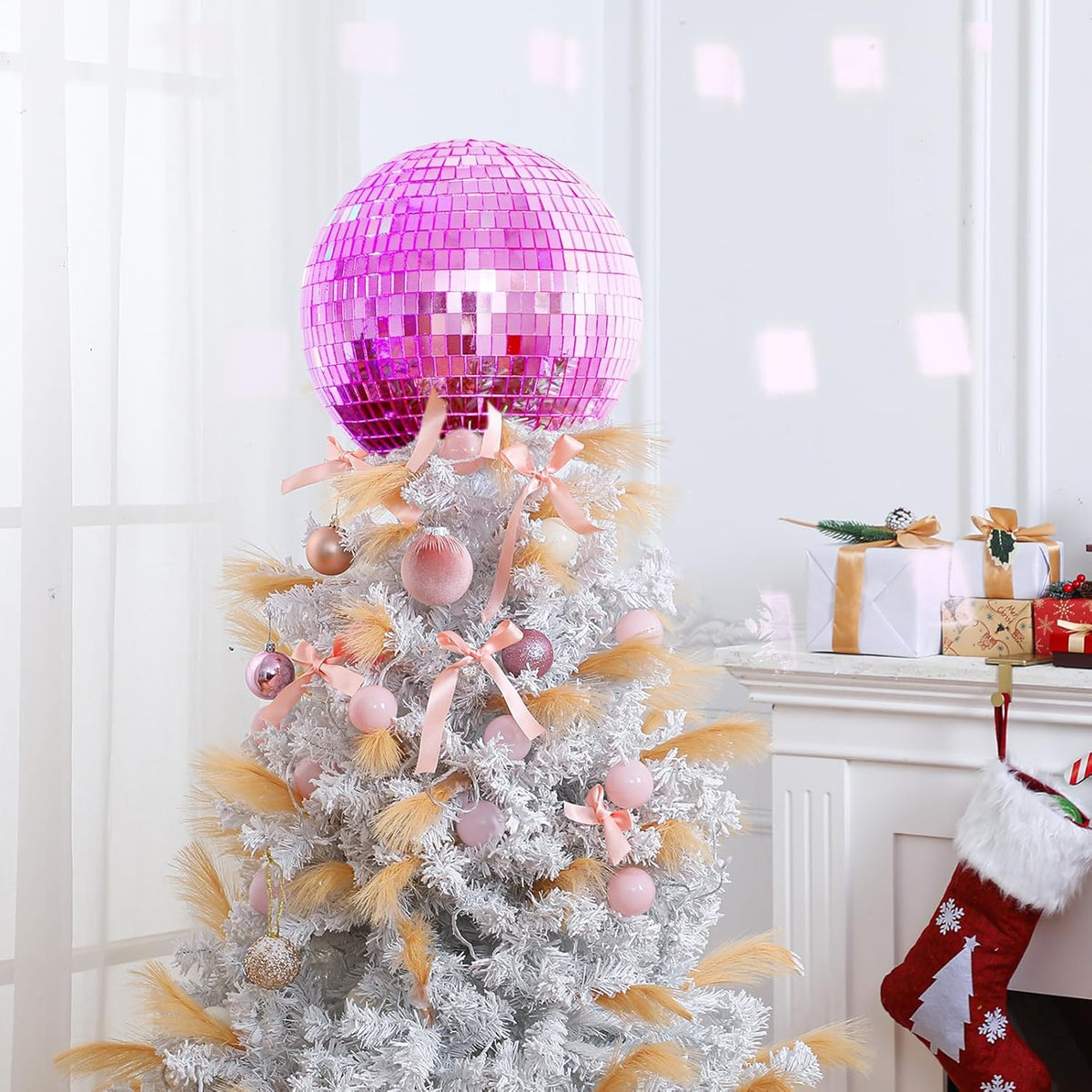 Retisee 8'' Pink Disco Ball Christmas Tree Topper Disco Mirror Ball Xmas Tree Topper 3D Hollow Pink