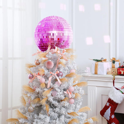 Retisee 8'' Pink Disco Ball Christmas Tree Topper Disco Mirror Ball Xmas Tree Topper 3D Hollow Pink