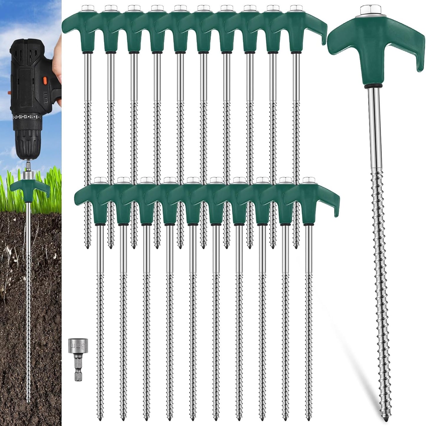 Hicarer 20 Pcs 20 Pcs 8'' Screw in Tent Stakes Heavy Duty Ground Metal Stakes for Inflatables with