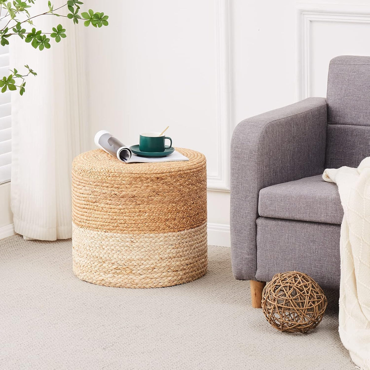 Wimarsbon 18'' Pouf Ottoman, Natural Braided Poof, Round Poufs, Rustic Handweave Lounge Pouffe