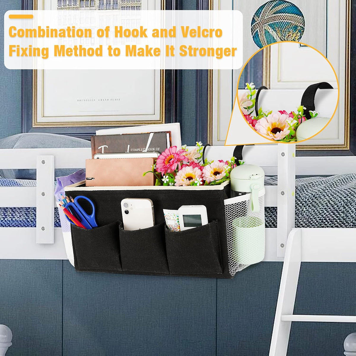 Bedside Caddy Bedside Organizer Bedside Storage Caddy with Fixed Straps and Water Bottle Holder for