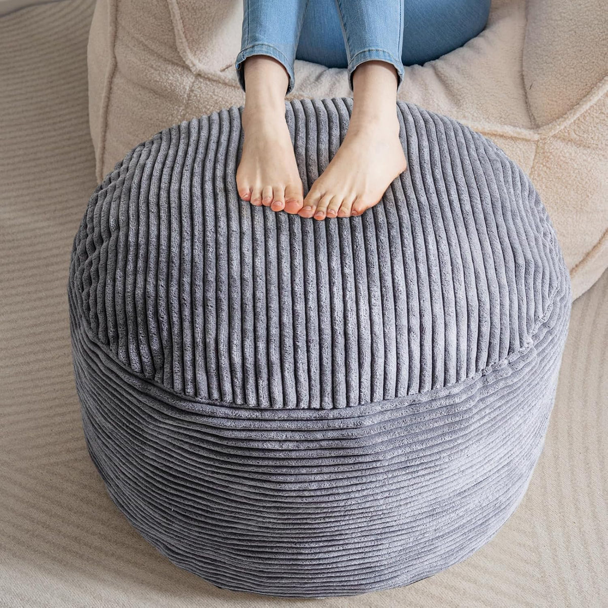 HIGOGOGO Round Stuffed Pouf Ottoman, Corduroy Poufs with Foam Chunk Filling, Furry and Fluffy Pouf