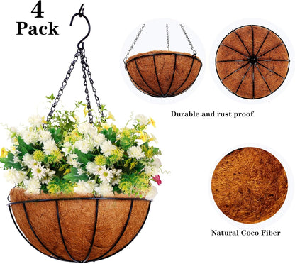 Hanging Planters Basket Outdoor Indoor(14 inch 4 Pack)-Coconut Coir Hanging Baskets for Plants