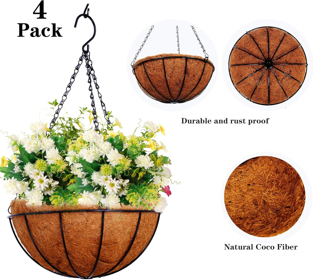 Hanging Baskets for Plants Outdoor(12 inch 4 Pack)- Coconut Coir Hanging Planters Outdoor,Metal