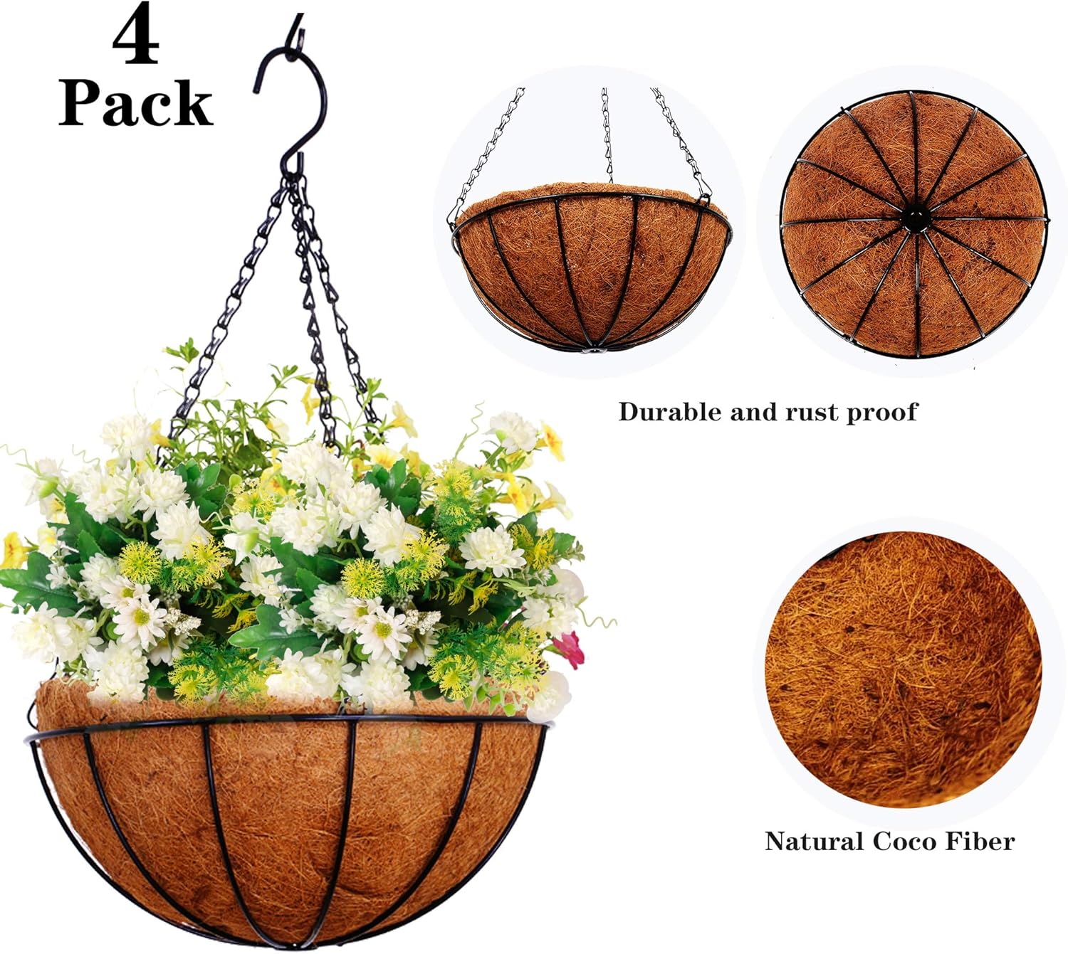 Hanging Baskets for Plants Outdoor(12 inch 4 Pack)- Coconut Coir Hanging Planters Outdoor,Metal