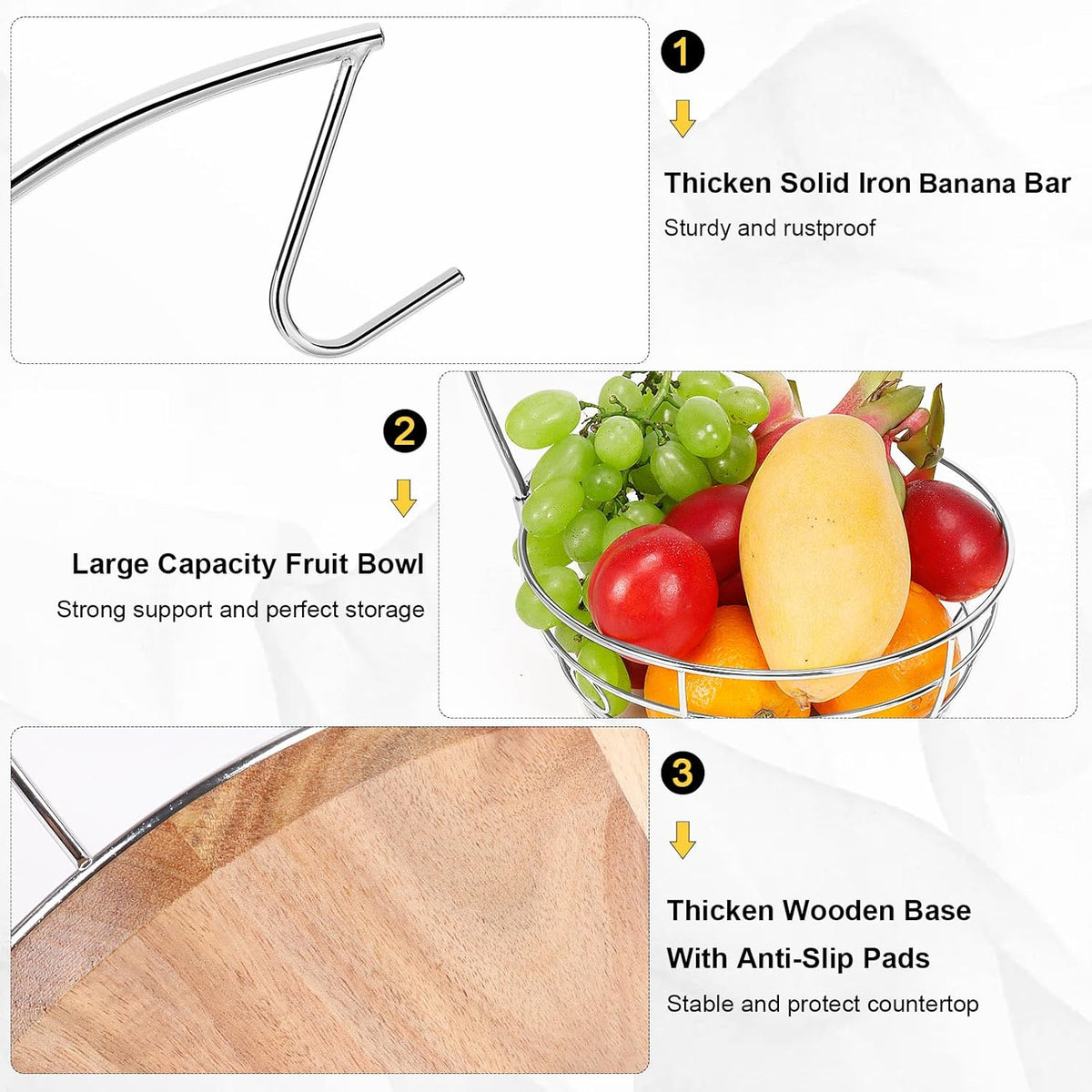 Livabber Countertop Fruit Basket Bowl with Banana Hanger, Modern Standing Fruit Vegetable Bowl