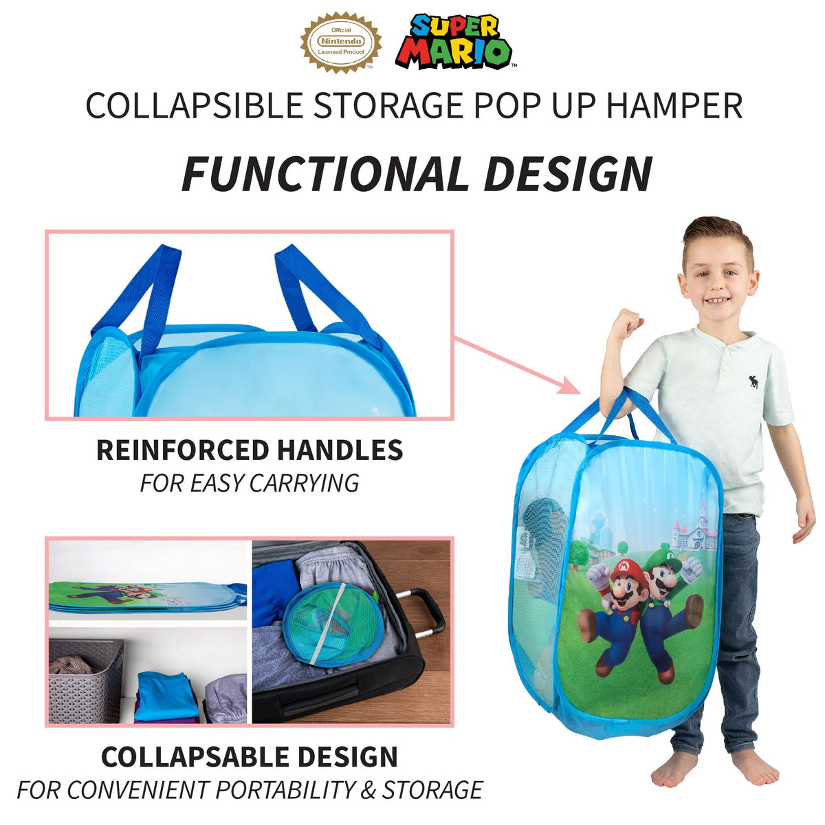 Franco Kids Room Collapsible Storage Bin Pop Up Hamper, One Size, Super Mario
