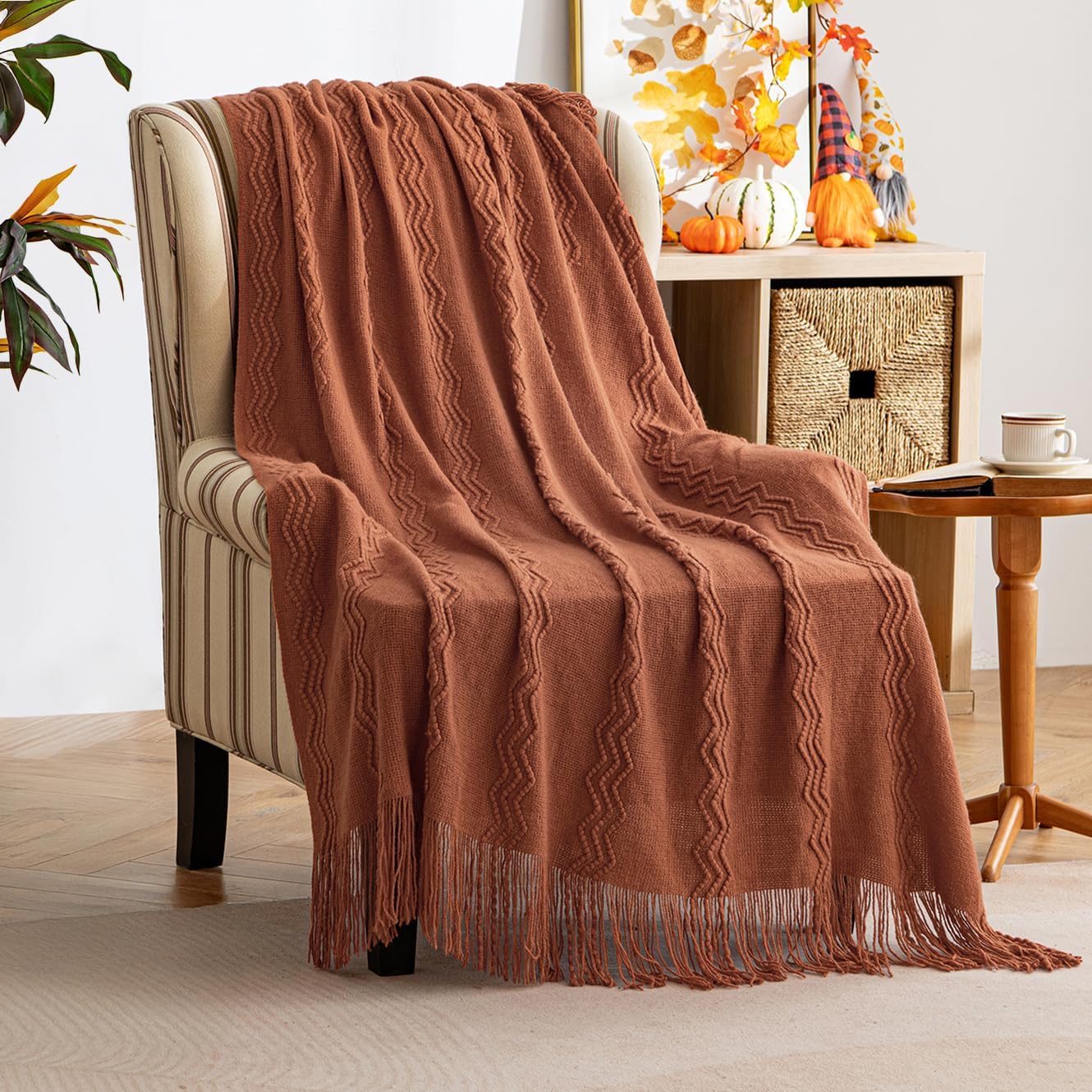 MIULEE Fall Orange Knitted Throw Blanket for Couch Boho Terracotta Rust Textured Cozy Woven Blanket