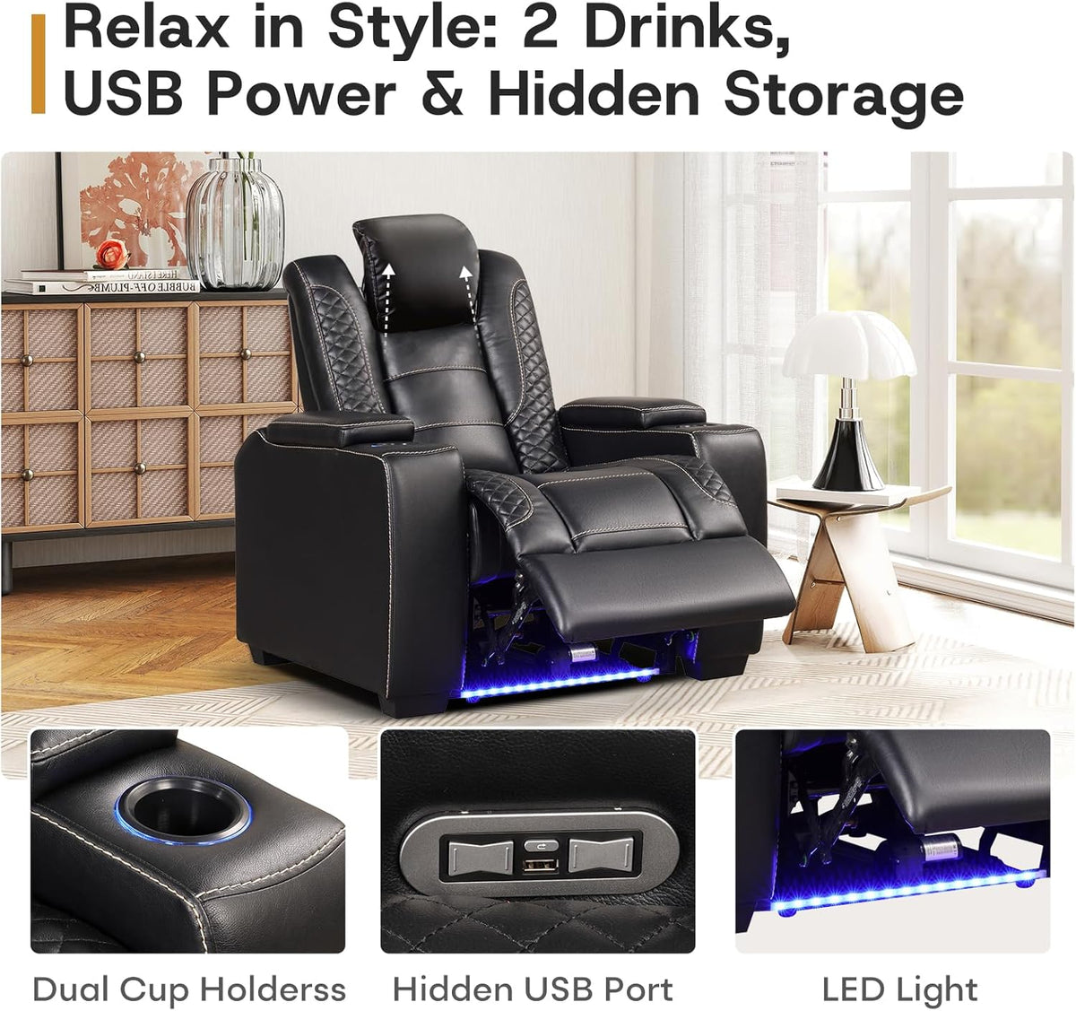 ANJ Power Theater Recliners Set of 3, Electric Home Theater Seating, Black Faux Leather Recliner