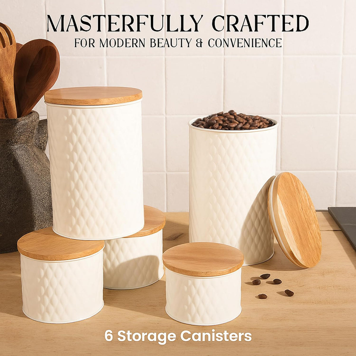 6 Canister Set for the Kitchen Countertop – Metal Food Storage Canisters with Airtight Lids for