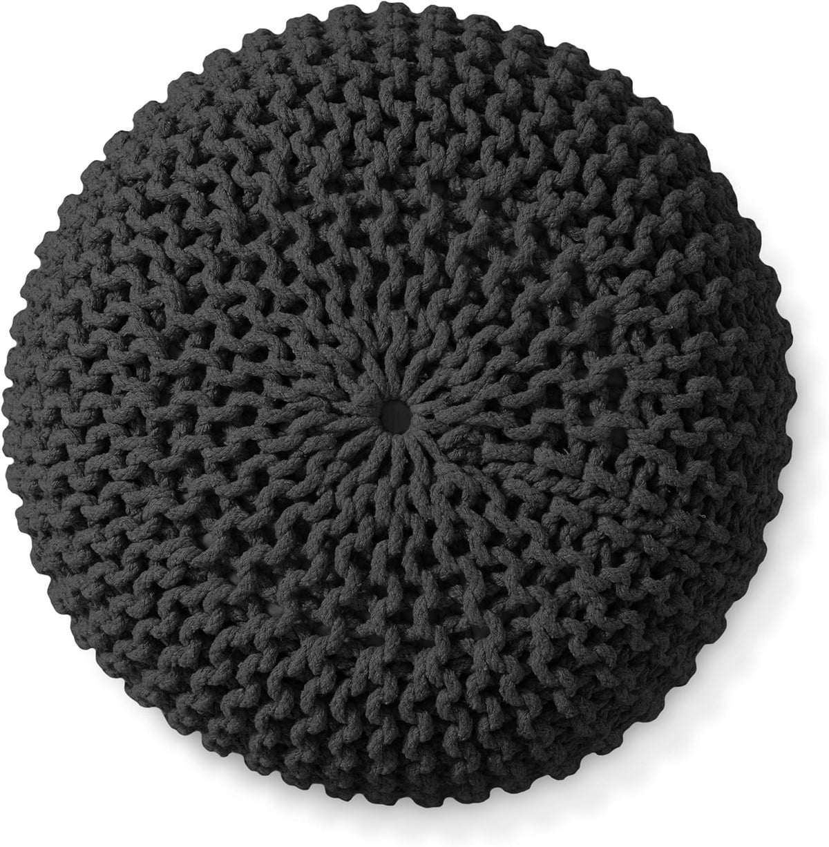 Casafield Round Pouf Ottoman, Black - 20" Diameter x 14.5" High Cotton Knit Foot Stool - Boho Floor
