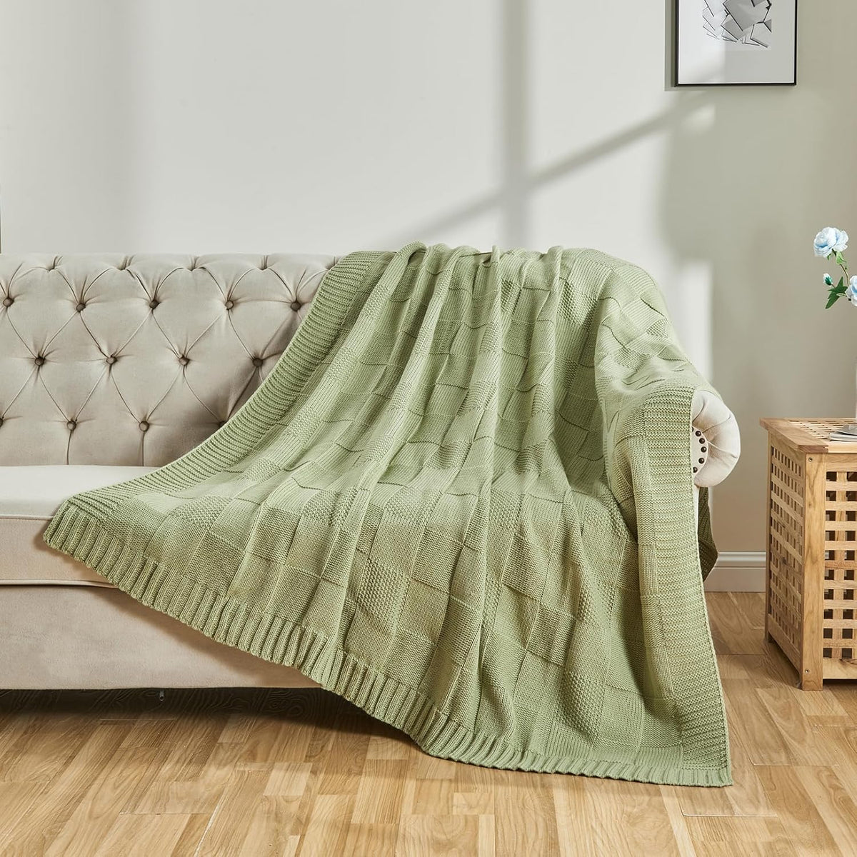 CozeCube Check Knit Throw Blanket, Sage Green Checkered Throw for Couch, Decorative Christmas Soft