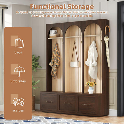 Merax Farmhouse Wood Hall Tree with Shoe Bench and 3 Drawers, 4-in-1 Coat Rack with 8 Hooks for