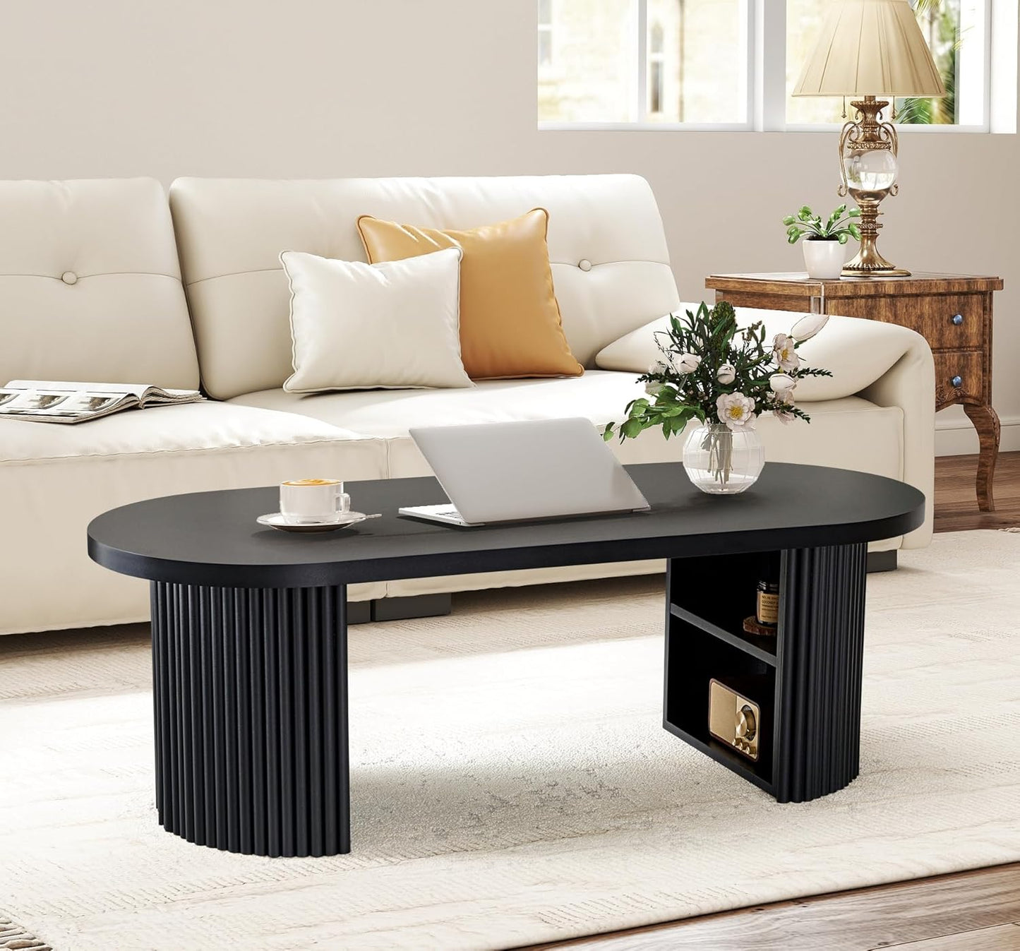 Oval Fluted Coffee Table, 47" Farmhouse Wood Coffee Table Mid Century Modern Center Table Boho