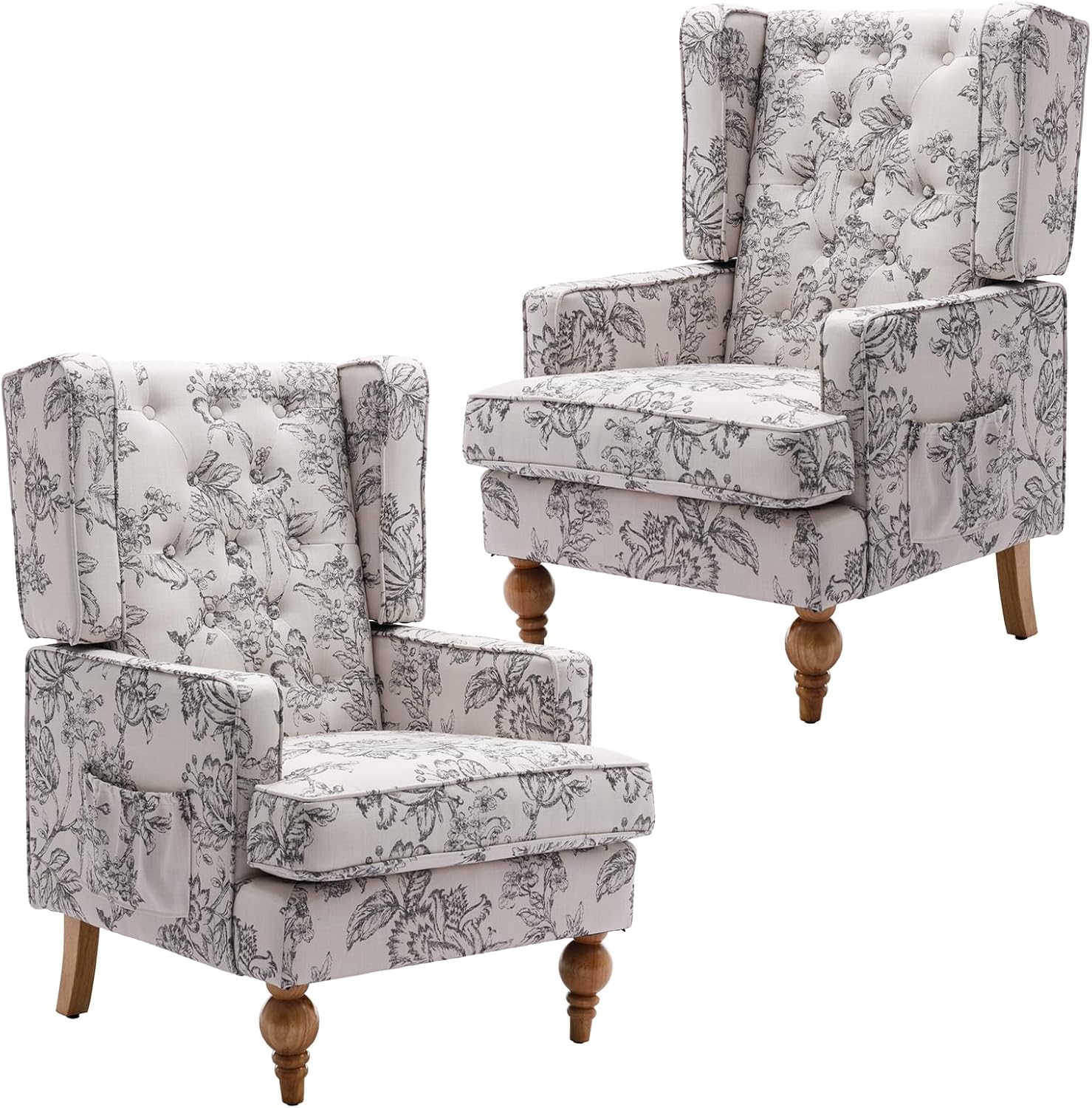 DUOMAY Tufted Accent Chair Set of 2, Modern Linen Upholstered Wingback Side Arm Chair for Living