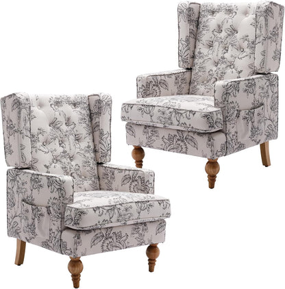 DUOMAY Tufted Accent Chair Set of 2, Modern Linen Upholstered Wingback Side Arm Chair for Living