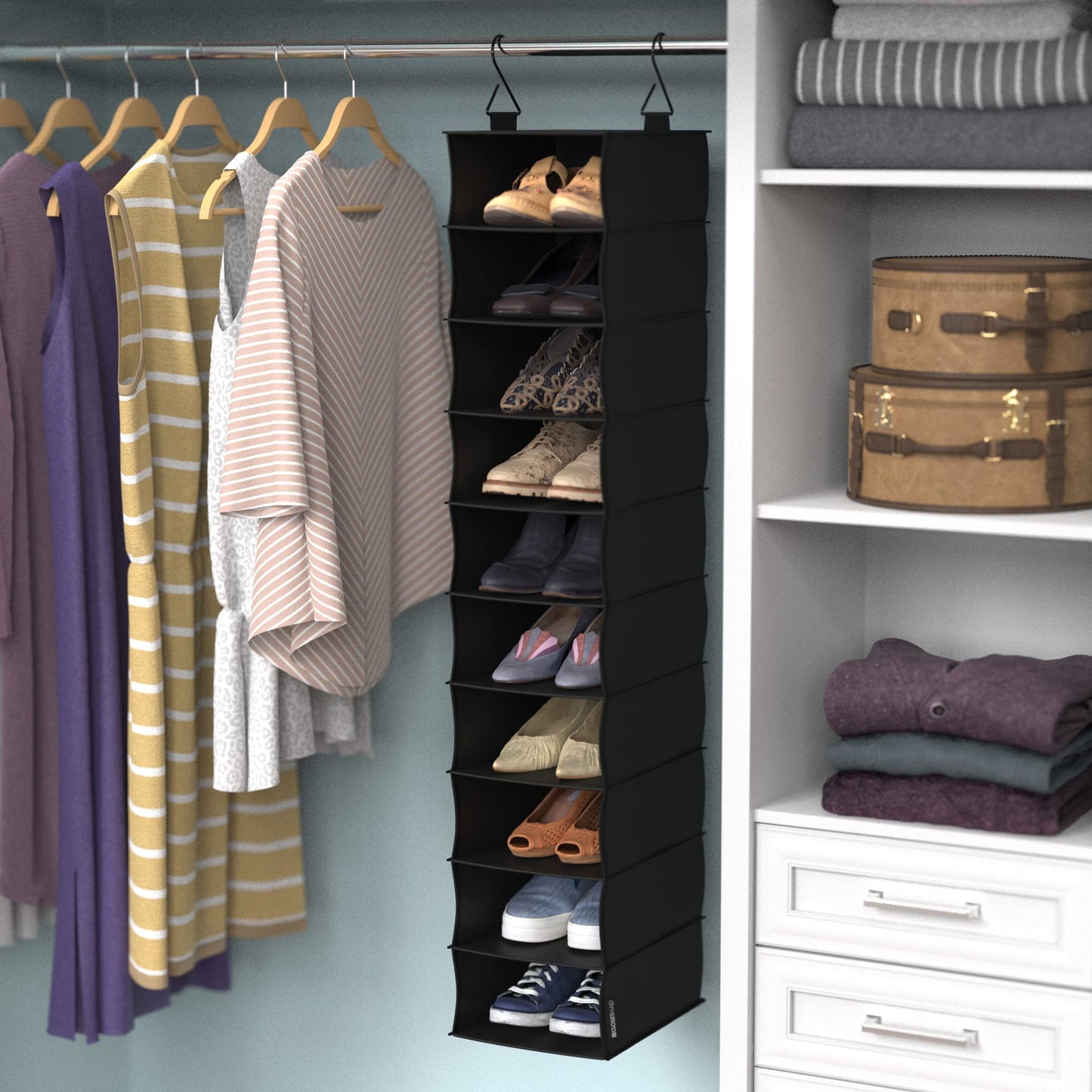 ClosetMaid 10-Shelf Fabric Hanging Shoe Storage Organizer for Closet, Charcoal Black