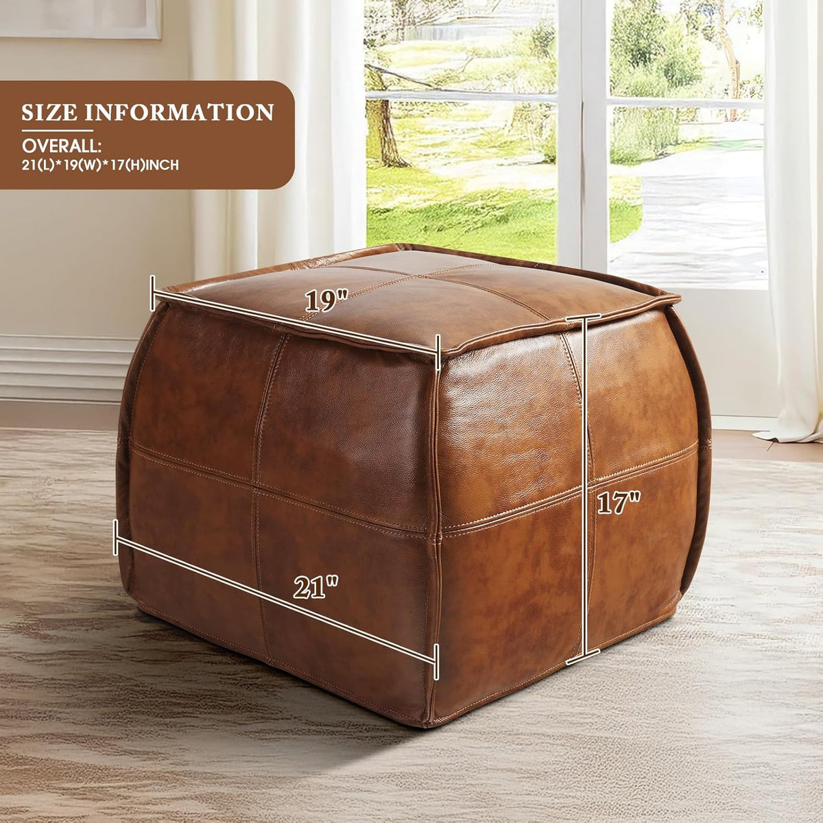 Leather Ottoman,Handmade Stuffed Square Ottoman,Genuine Leather Pouf, Foot Rest Pouf,Comfortable
